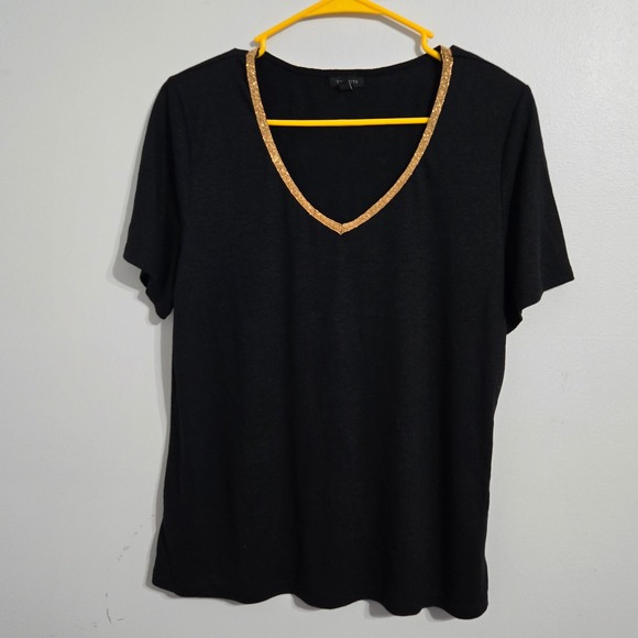 Talbots Tops - M#87 Talbots Black Top Womens Size L Short Sleeve‎ V Neck Gold Trim Linen Blend